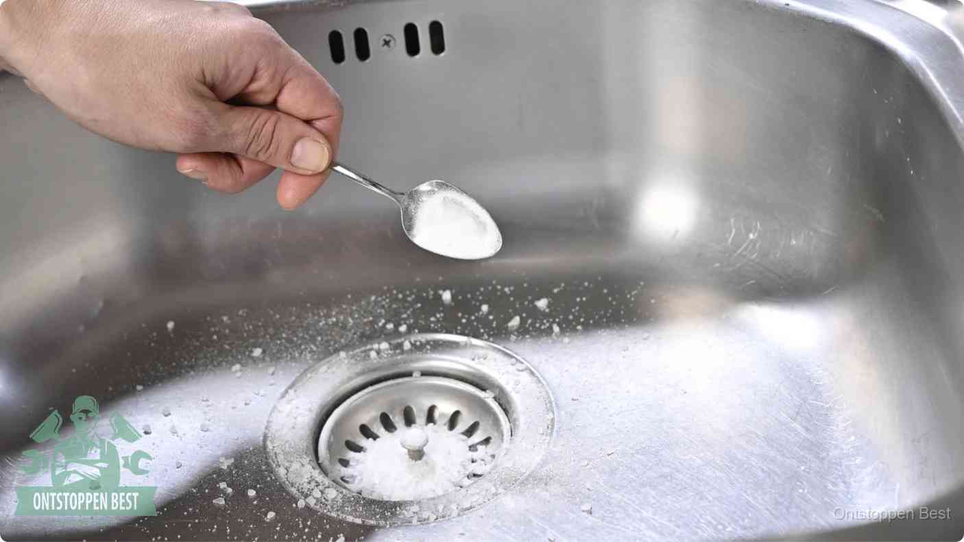 Een hand strooit soda in de afvoer van een roestvrijstalen spoelbak, zelf je gootsteen ontstoppen met soda en azijn in Best